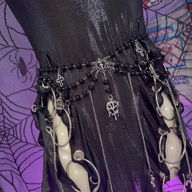 Beaded o ring metal chain cross applique tube mini dress