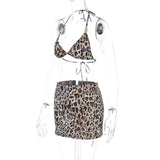 Conjunto de minifalda con cuello en V y estampado de leopardo con lazo tipo halter 