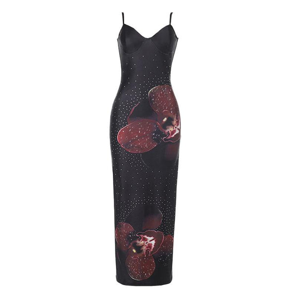 Robe longue fendue à imprimé fleuri et col en V avec perles 