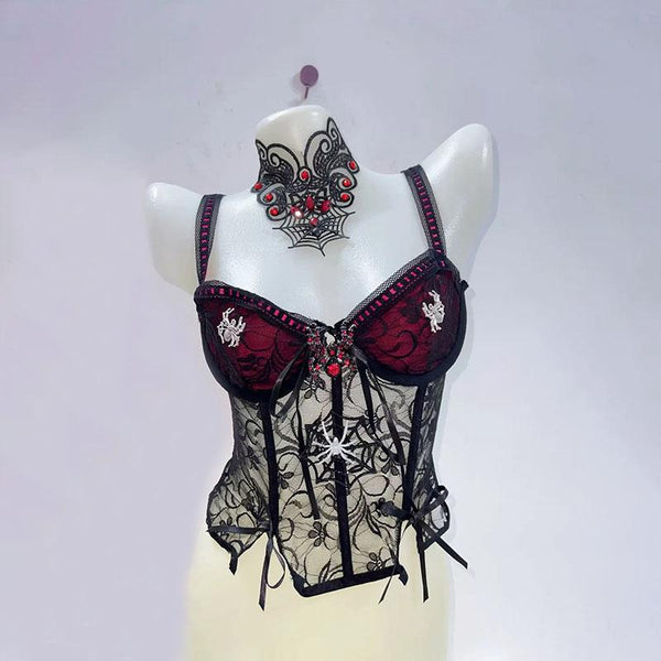 Haut camisole à col en V avec nœud papillon et motif croisé en araignée 