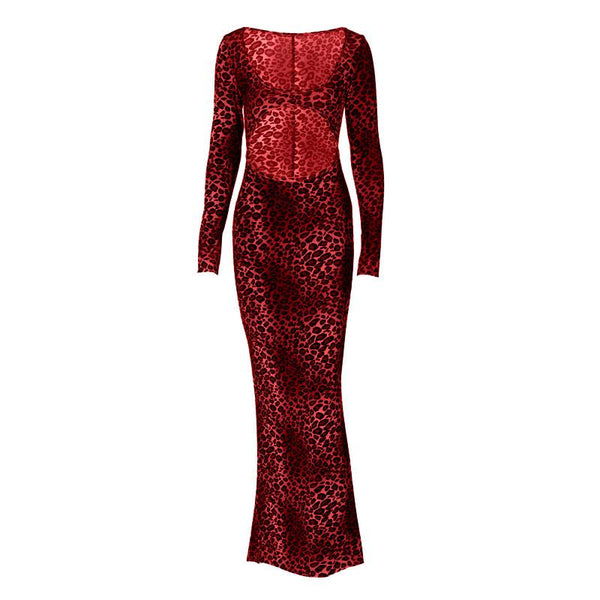 Long sleeve leopard print hollow out u neck maxi dress