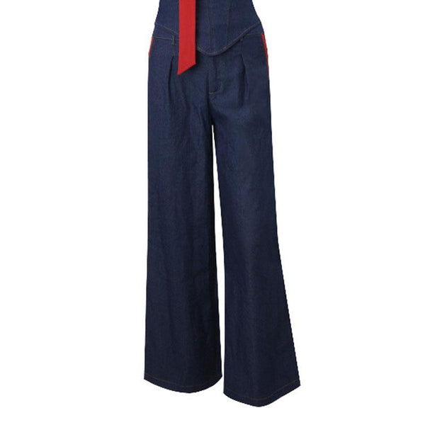 Button pocket lace hem ruched wide leg jeans