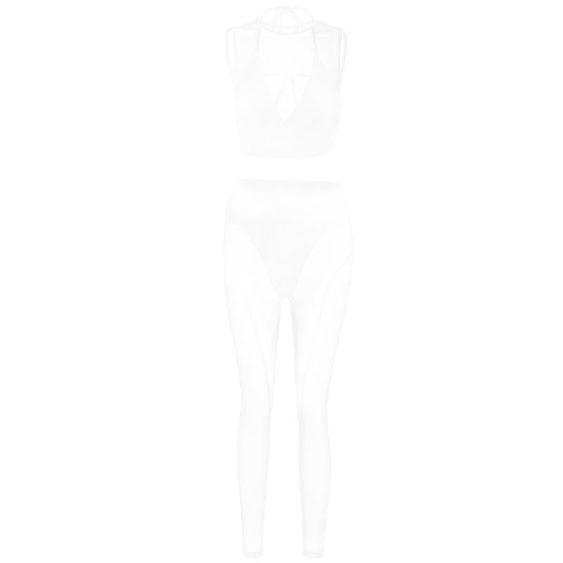 Conjunto de pantalón de tiro medio de malla hueca con cuello redondo 