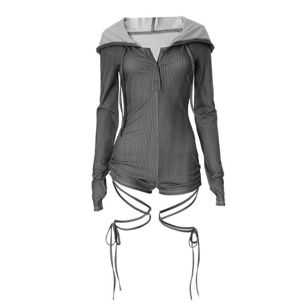 Button long sleeve gloves hoodie hollow out romper
