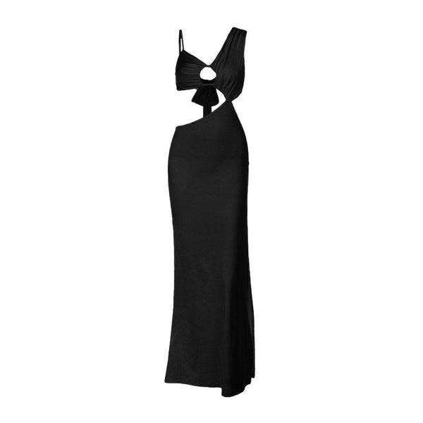 Irregular hollow out ruched solid maxi dress