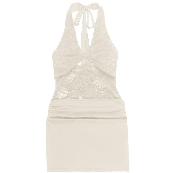 Vestido mini de encaje fruncido con escote halter y lazo anudado 