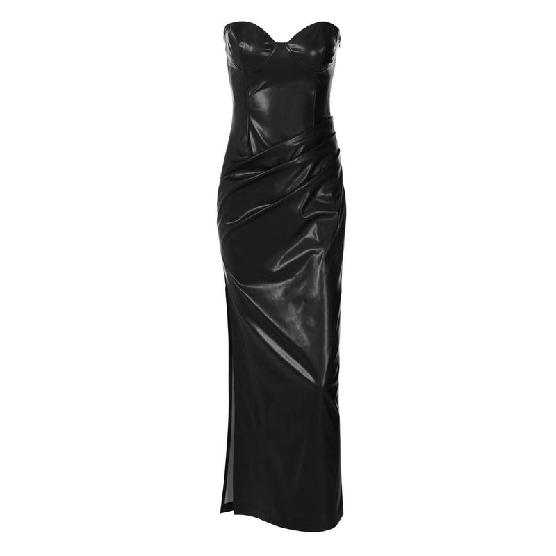 Vestido midi plisado de cuero sintético con cremallera y abertura 