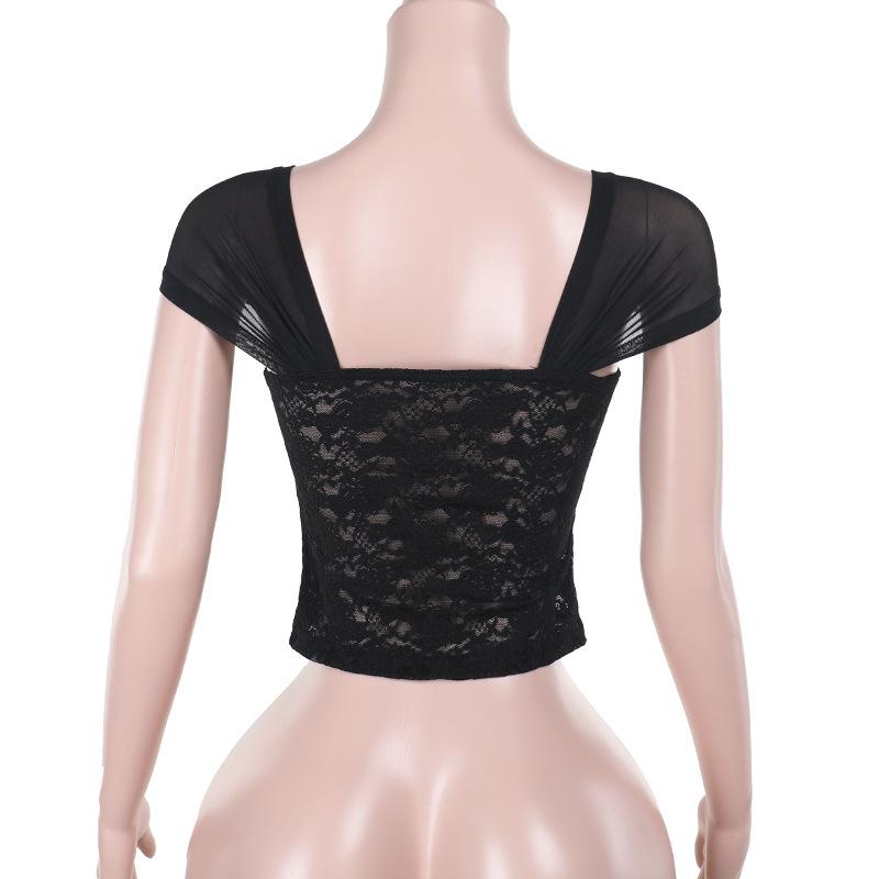 Hollow out lace cap sleeve v neck solid top