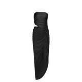 Ruched irregular hollow out solid tube maxi dress