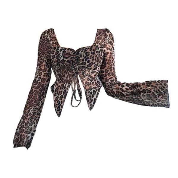 Top fruncido con estampado de leopardo, cuello en V y manga larga de malla 