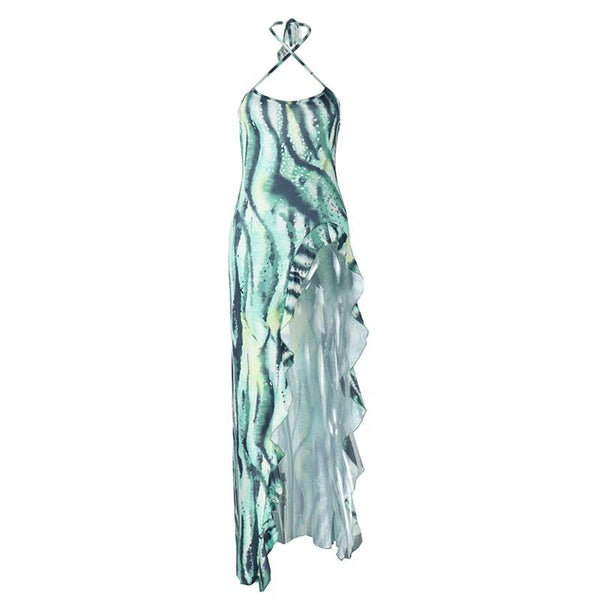 Vestido largo con cuello halter, lazo cruzado en la parte delantera, abertura alta y estampado de rayas 
