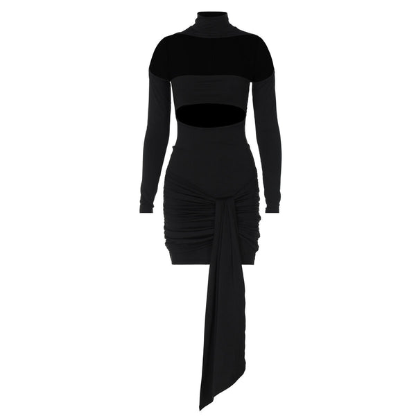 Vestido mini fruncido de manga larga con cuello alto y aberturas 