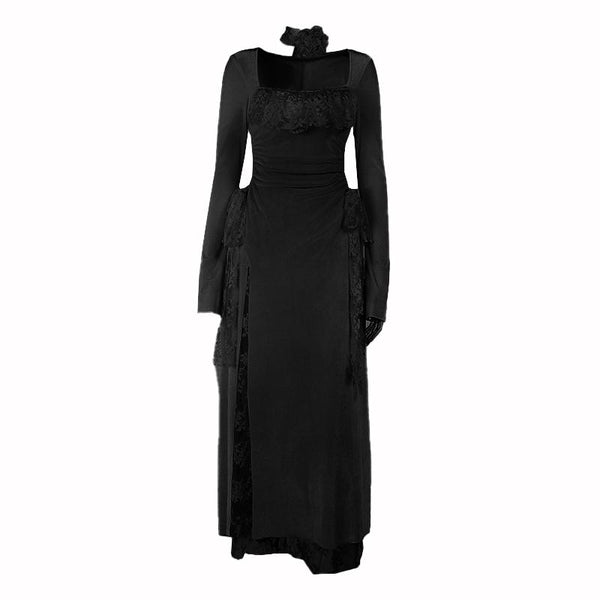 Vestido largo fruncido de encaje con escote cuadrado y abertura de manga larga 