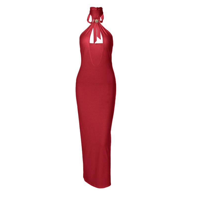 Vestido midi con cuello halter, espalda descubierta y aberturas con lazo 