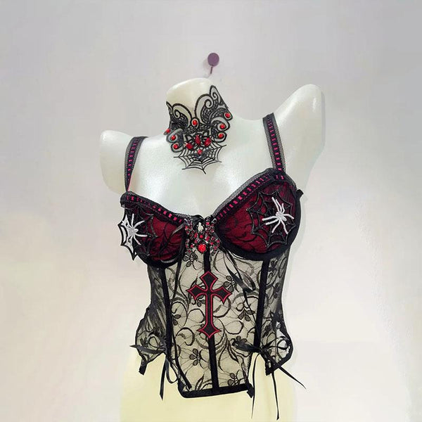 Haut camisole à col en V avec nœud papillon et motif croisé en araignée 