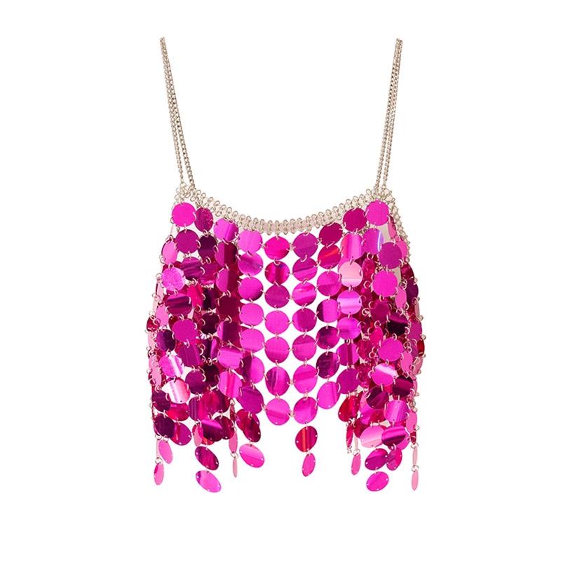 Top camisola con cuello en V calado y cadena de metal brillante 