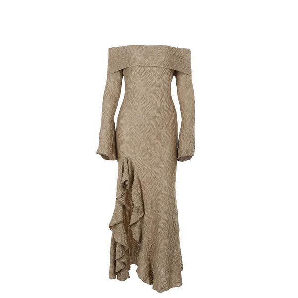 Off shoulder long flared sleeve slit textured midi dress