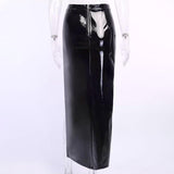 Hollow out high slit metallic zip-up maxi skirt
