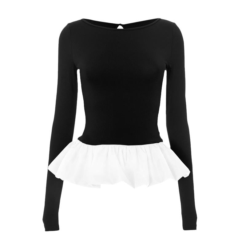 Ruched long sleeve round neck hollow out ruffle top
