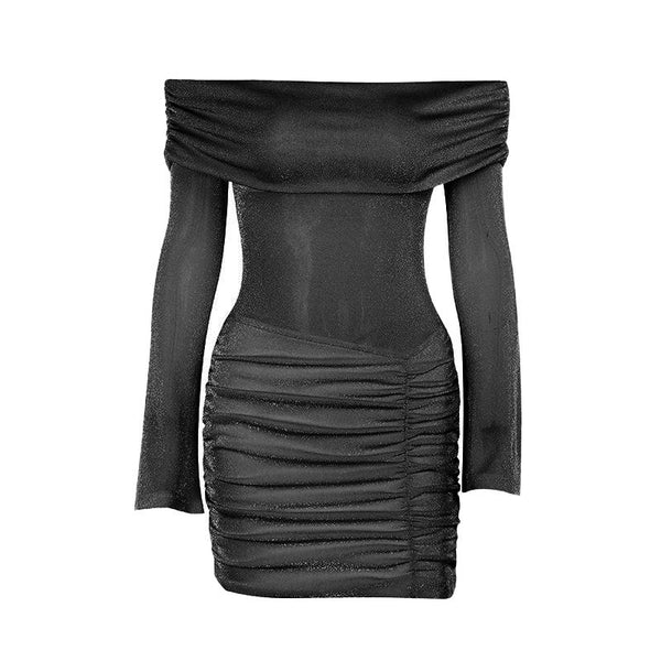 Off shoulder long sleeve ruched mini dress