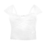 Hollow out lace cap sleeve v neck solid top