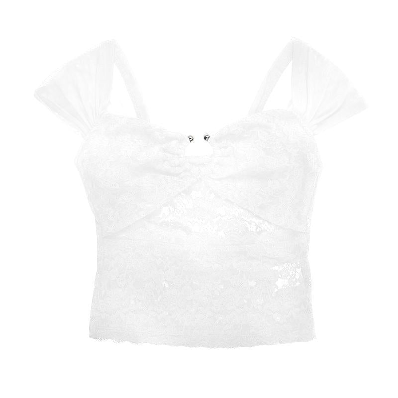 Hollow out lace cap sleeve v neck solid top