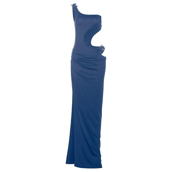 Vestido largo irregular con abertura alta y un hombro descubierto 