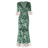 Vestido largo de terciopelo con estampado floral, escote en V y dobladillo de encaje 