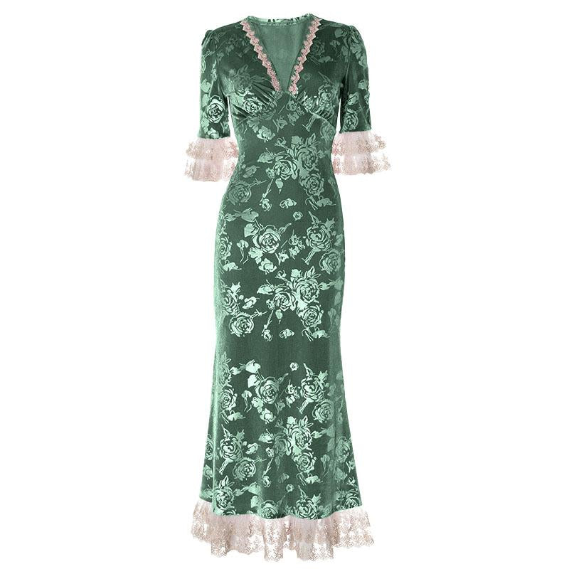 Vestido largo de terciopelo con estampado floral, escote en V y dobladillo de encaje 