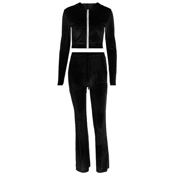 Ensemble sweat à capuche, fermeture éclair, cordon de serrage, manches longues et pantalon en velours 