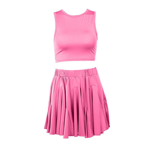 Conjunto de minifalda lisa con cuello redondo, fruncido y espalda descubierta 