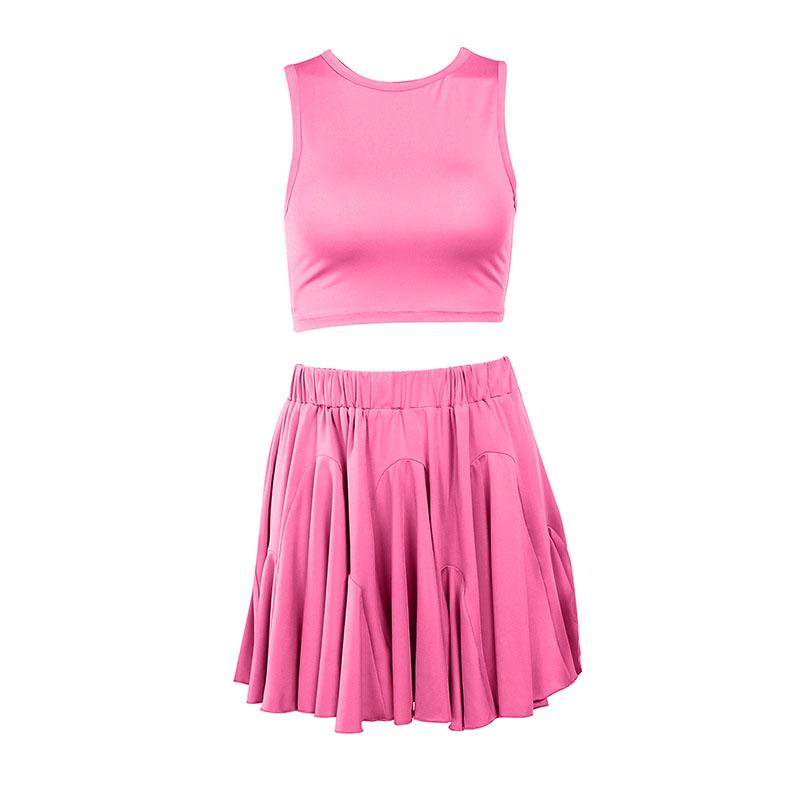 Conjunto de minifalda lisa con cuello redondo, fruncido y espalda descubierta 