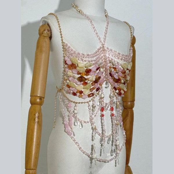 Haut camisole ajouré avec chaîne en métal et perles 