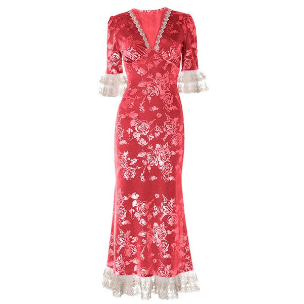 Robe longue en velours à imprimé fleuri et ourlet en dentelle et col en V 