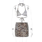 Conjunto de minifalda con cuello en V y estampado de leopardo con lazo tipo halter 