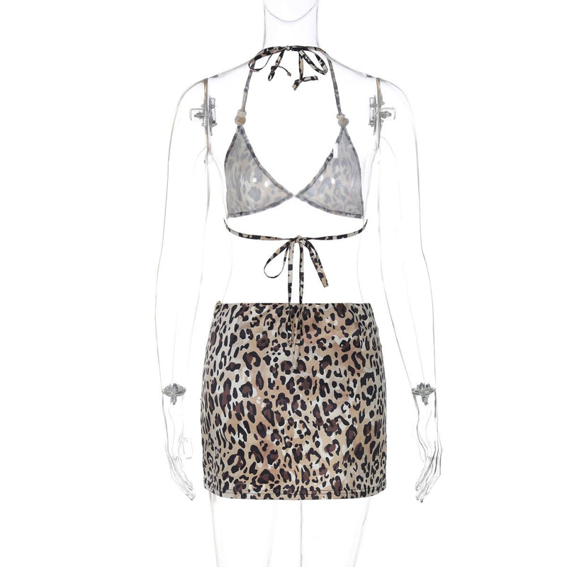 Conjunto de minifalda con cuello en V y estampado de leopardo con lazo tipo halter 