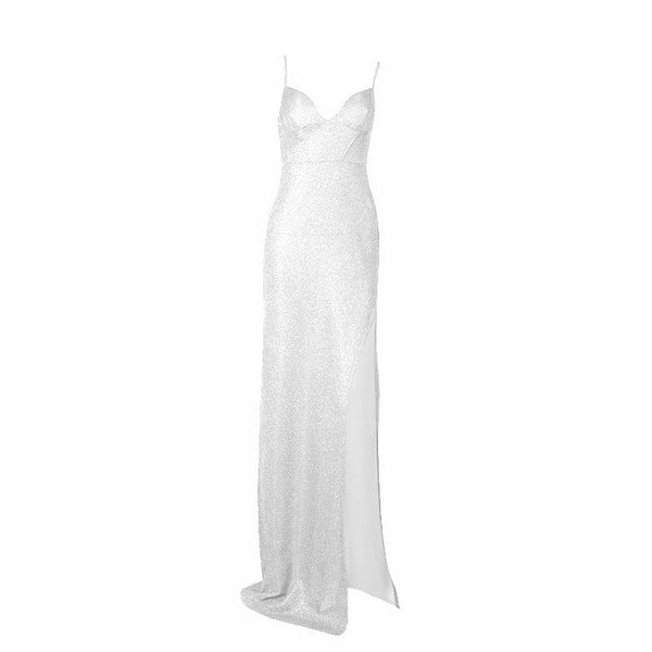 Robe longue camisole dos nu rembourrée à col en V et fente haute 