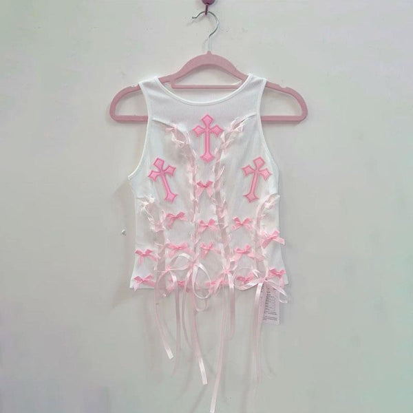 Crewneck bowknot cross pattern lace up ribbon top