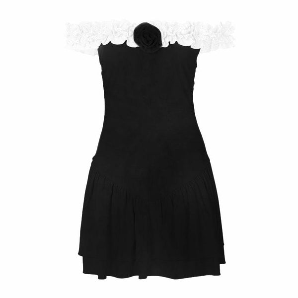 Vestido mini fruncido con volantes y apliques de flores en los hombros 