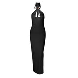 Vestido midi con cuello halter, espalda descubierta y aberturas con lazo 