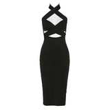 Vestido midi con escote halter cruzado y espalda descubierta 