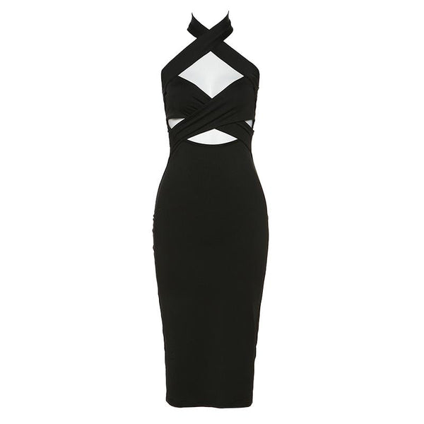 Vestido midi con escote halter cruzado y espalda descubierta 