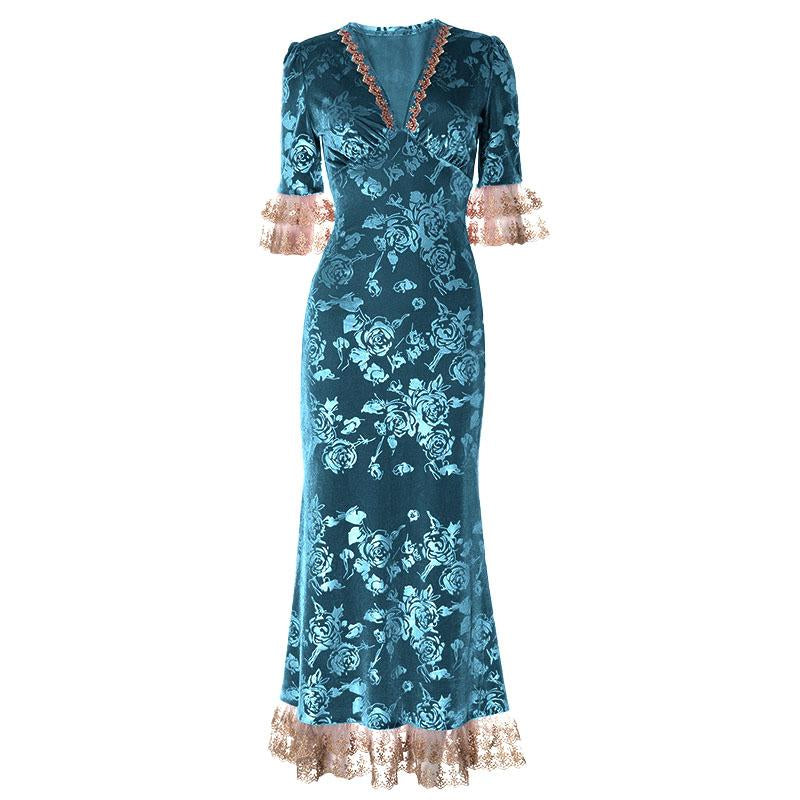 Vestido largo de terciopelo con estampado floral, escote en V y dobladillo de encaje 