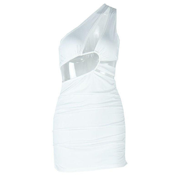 Irregular hollow out ruched one shoulder mini dress