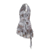 Mini-robe froncée à volants et imprimé peau de serpent, dos nu et à nouer soi-même 