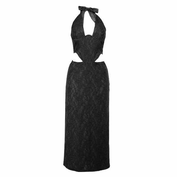 Vestido largo de encaje con cuello halter, abertura, cremallera y lazo 
