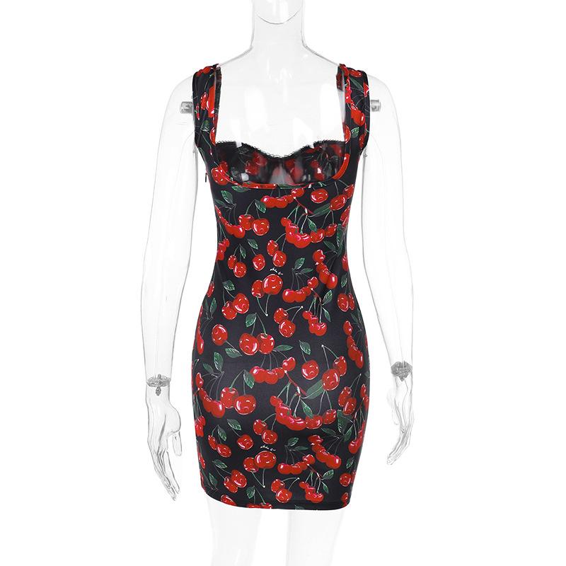 Minivestido sin espalda con estampado de cerezas y cuello en V 