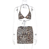 Conjunto de minifalda con cuello en V y estampado de leopardo con lazo tipo halter 