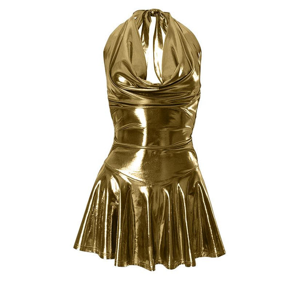 Minivestido metalizado con cuello halter, espalda descubierta y lazo 