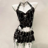 Metal chain o ring skull applique zip-up mini skirt set